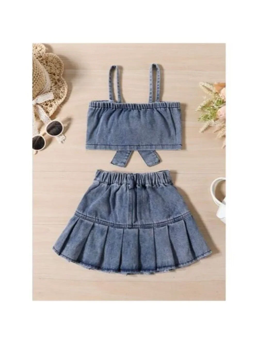Children's Denim Bowknot Crop Top and Pleated Skirt Set